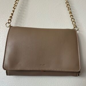 Tan CoLab purse with gold chain strap